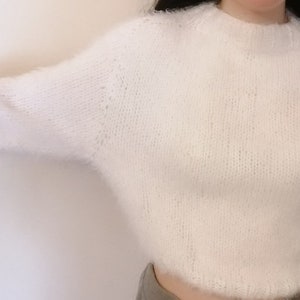 White Knitted Sweater Women, Very Fine Sweater, Short Knit Sweater, Cropped Knit Sweater, Fluffy Knit Sweater, Soft Sweater zdjęcie 1