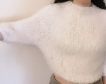 White Knitted Sweater Women, Very Fine Sweater, Short Knit Sweater, Cropped Knit Sweater, Fluffy Knit Sweater, Soft Sweater