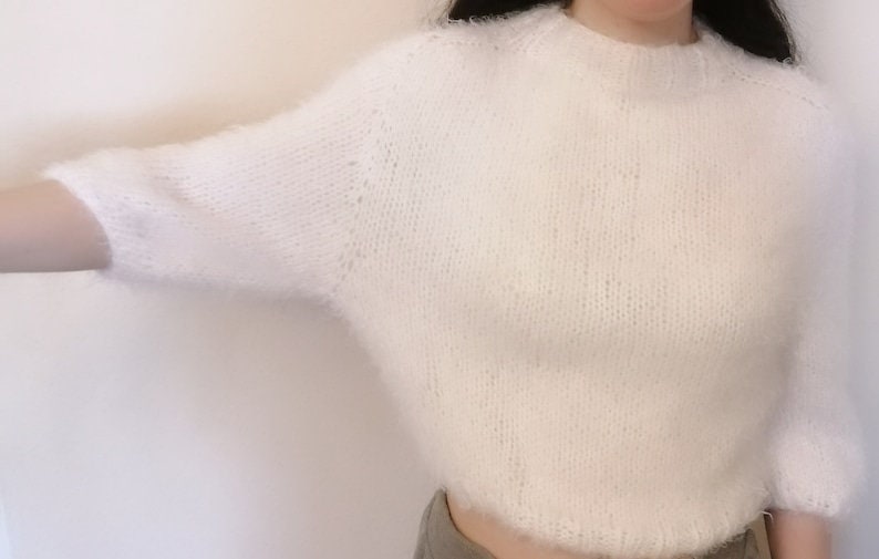 White Knitted Sweater Women, Very Fine Sweater, Short Knit Sweater, Cropped Knit Sweater, Fluffy Knit Sweater, Soft Sweater zdjęcie 1