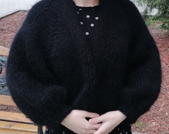 Mohair Cardigan Black Knit Mohair Sweater Women Oversized Chunky Cardigan Fuzzy Open Front Jacket Bomber Cozy Fluffy Coat