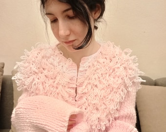 Pink Knit Cardigan Women, Cropped Knit Cardigan,  Shaggy Knit Cardigan, Open Front Cardigan, Fine Soft Cardigan