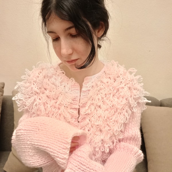 Pink Knit Cardigan Women, Cropped Knit Cardigan,  Shaggy Knit Cardigan, Open Front Cardigan, Fine Soft Cardigan