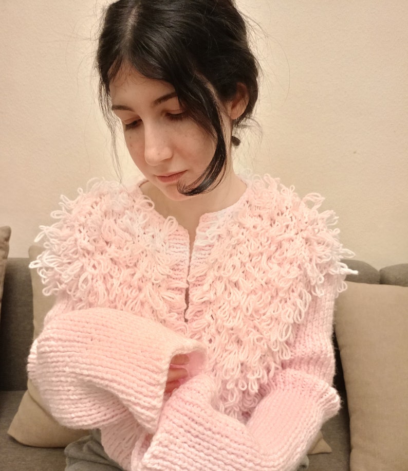 Pink Knit Cardigan Women Cropped Knit Cardigan Shaggy Knit Etsy
