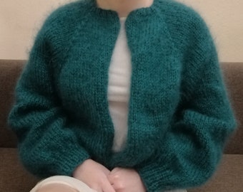 Mohair Cardigan Green Knit Mohair Sweater Women Oversized Chunky Cardigan Fuzzy Open Front Jacket Bomber Warm Cozy Coat