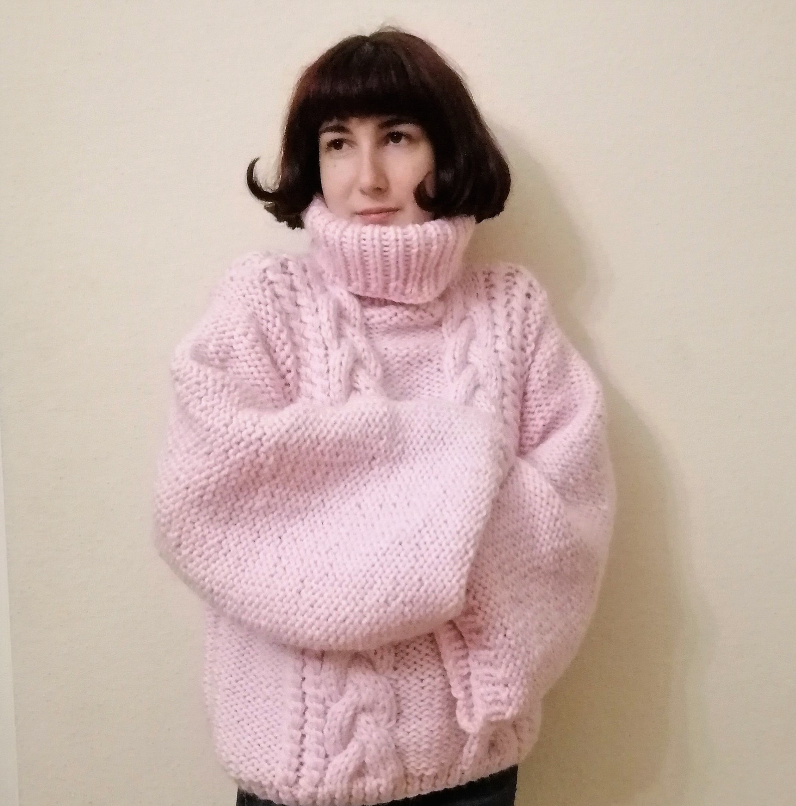 Handmade Pink Knit Sweater Chunky Knit Sweater Turtleneck Knit Sweater ...
