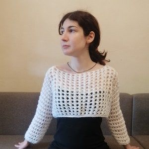 White Knit Shrug Soft Top Airy Bolero Light Long Sleeve Crop Sweater Women White Top