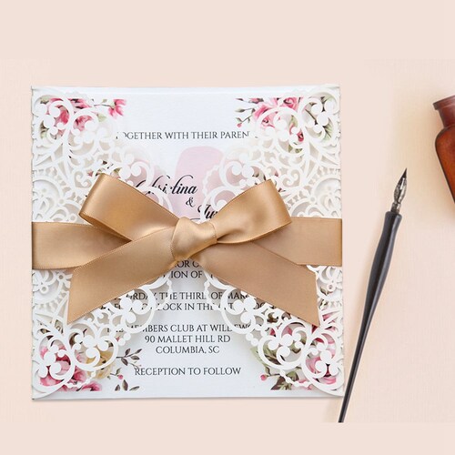 Square orders Gold Bowknot Hollow Wedding Invitations Cards 50 pieces