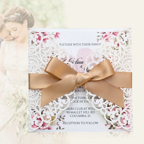 Square orders Gold Bowknot Hollow Wedding Invitations Cards 50 pieces