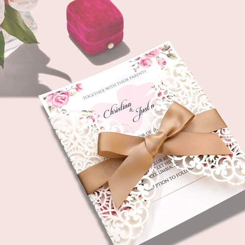 Square orders Gold Bowknot Hollow Wedding Invitations Cards 50 pieces