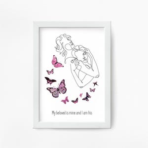 Mój ukochany motyl, grafika pary z Pieśni nad Pieśniami, romantyczna grafika biblijna, plakat z cytatem o miłości z Pisma Świętego, chrześcijańska dekoracja ścienna na ślub