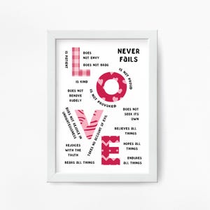 Paul's hymne of love romantische print, 1 Korintiërs 13:4-8 artwork, bijbeltypografie kunst aan de muur, christelijk kleurrijk decor schriftcitaat poster