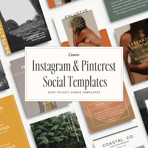 Pode incluir: Uma coleção de modelos de mídia social para Instagram e Pinterest. Os modelos apresentam uma variedade de designs, incluindo uma foto em preto e branco de uma cordilheira, uma foto de uma mulher de biquíni e uma foto de uma planta tropical. Os modelos são fáceis de editar e podem ser usados para promover seu negócio ou marca.