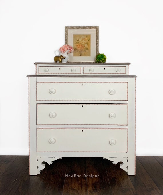 White Antique Dresser With Cantaloupe And Gold Trim Etsy