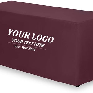 Puede incluir: Funda de mesa color burdeos con texto blanco que dice "YOUR LOGO YOUR TEXT HERE Your Text Here".