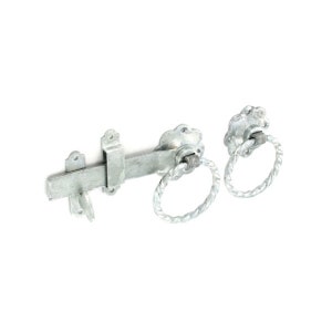 May include: A silver metal gate latch with a twisted ring handle. The latch has a decorative design on the handle and a locking mechanism.