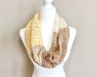Handmade Crochet Infinity Scarf: Beige Cream Yellow, Lightweight Knit