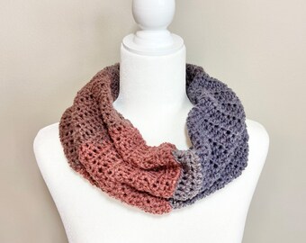 Handmade Crochet Infinity Scarf: Brown Rust Blue, Lightweight Knit