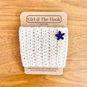 Crochet Cup Cozy With or Without Flower Embellishment Reusable Knit Coffee Cozy Coffee Cup Sleeve Pick Your Color White