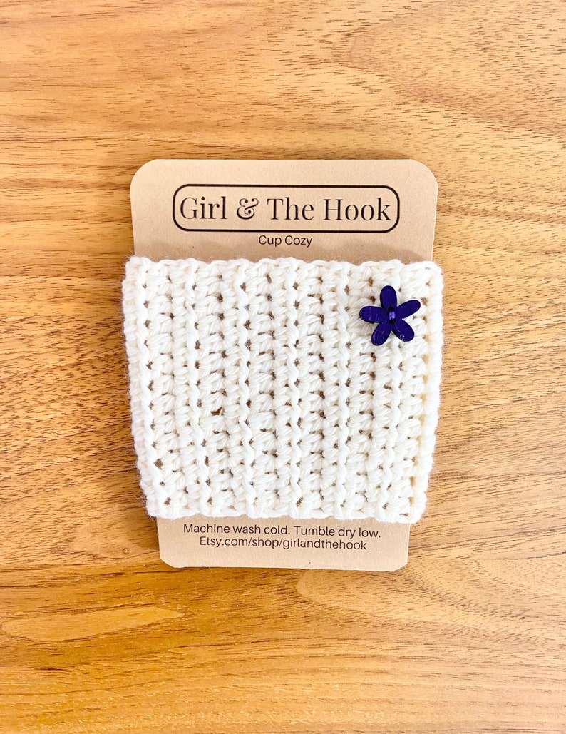 Crochet Cup Cozy With or Without Flower Embellishment Reusable Knit Coffee Cozy Coffee Cup Sleeve Pick Your Color White