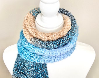 Handmade Blue Beige Crochet Scarf: Winter Scarf - Regular or Infinity