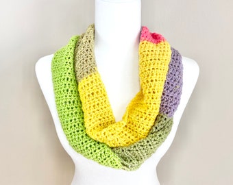 Handmade Crochet Scarf: Green, Yellow, Purple Knit, Regular or Infinity