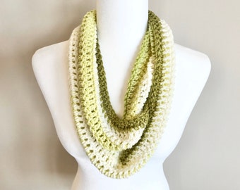 Chartreuse Olive Off White Crochet Scarf - Handmade Lightweight Green Scarf - Regular or Infinity Scarf - Summer Scarf