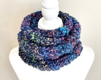 Handmade Chunky Crochet Scarf: Navy Blue with Rainbow Flecks, Regular or Infinity