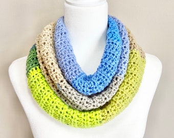 Handmade Crochet Scarf: Blue Beige Chartreuse, Lightweight Regular or Infinity Scarf