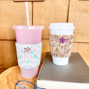 Crochet Cup Cozy With or Without Flower Embellishment Reusable Knit Coffee Cozy Coffee Cup Sleeve Pick Your Color image 2