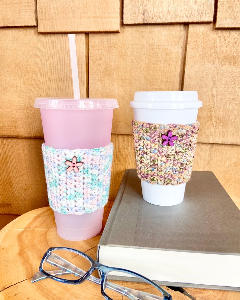 Crochet Cup Cozy With or Without Flower Embellishment Reusable Knit Coffee Cozy Coffee Cup Sleeve Pick Your Color image 2