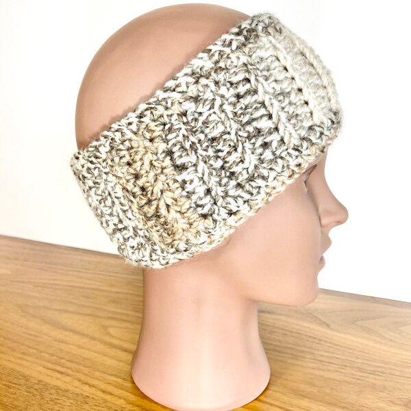 Handmade Crochet Winter Headband - Beige Brown Cream Ear Warmer