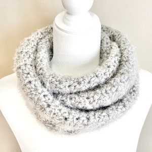 Handmade Light Grey Crochet Scarf: Fuzzy Knit Infinity Scarf
