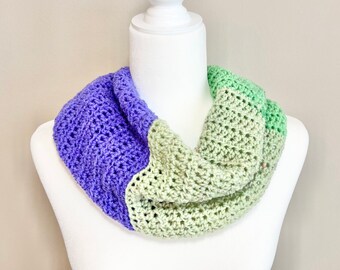 Green Purple Crochet Infinity Scarf - Handmade Lightweight Knit