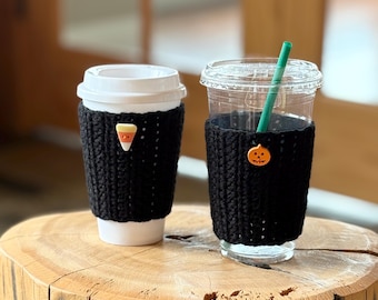 Crochet Halloween Coffee Cup Sleeve: Pumpkin or Candy Corn Button