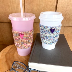 Crochet Cup Cozy With or Without Heart Embellishment Reusable Knit Coffee Cozy Coffee Cup Sleeve Pick Your Color image 2