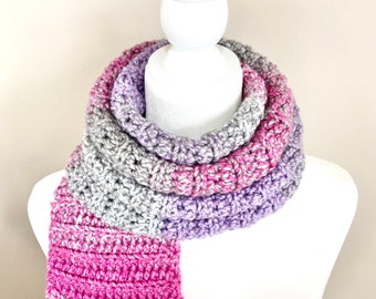 Handmade Crochet Scarf: Pink Purple Grey Winter Scarf - Regular or Infinity