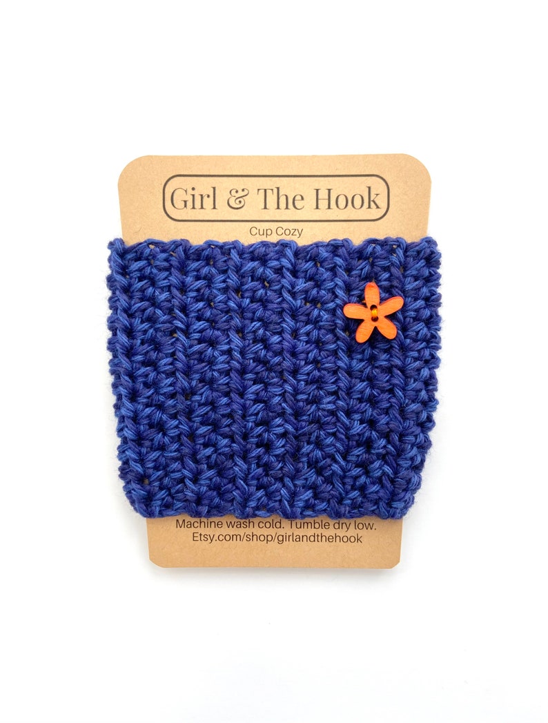 Crochet Cup Cozy With or Without Flower Embellishment Reusable Knit Coffee Cozy Coffee Cup Sleeve Pick Your Color Blue