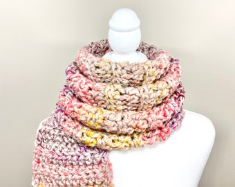 Handmade Chunky Crochet Scarf: Purple Orange Yellow Winter Knit, Regular or Infinity