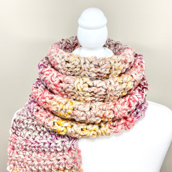 Women’s Beige Purple Magenta Orange Yellow Crochet Scarf - Handmade Chunky Winter Knit Scarf - Regular or Infinity Scarf