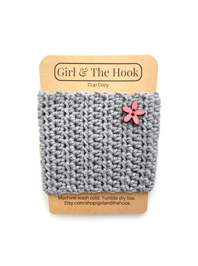 Crochet Cup Cozy With or Without Flower Embellishment Reusable Knit Coffee Cozy Coffee Cup Sleeve Pick Your Color Gray