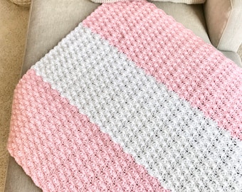 Handmade Crochet Baby Blanket and Hat Set - Pink And White Knit Baby Afghan