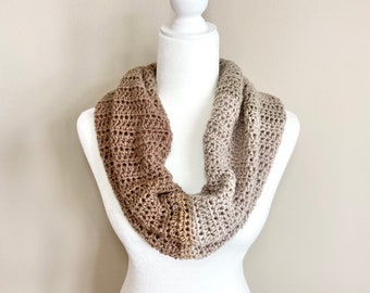 Handmade Crochet Infinity Scarf: Beige Taupe, Lightweight Knit