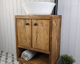 The Django V38 / A Handmade Solid Wood Bathroom Vanity Unit With black metal knob handles