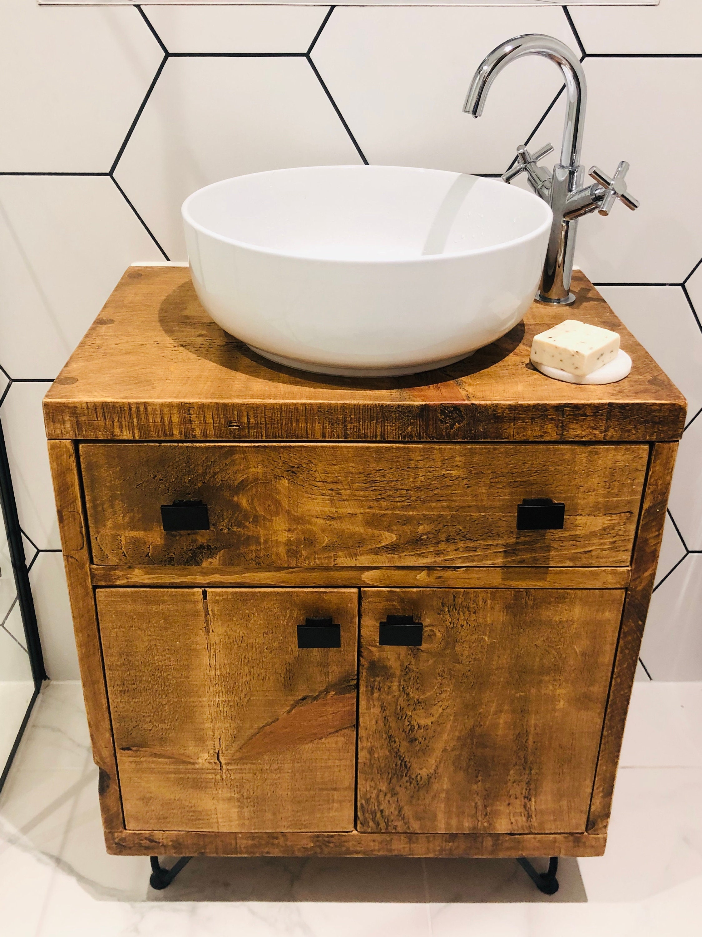 The Django V2 / A Handmade Solid Wood Bathroom Vanity Unit With Split Drawers And Hairpin Legs