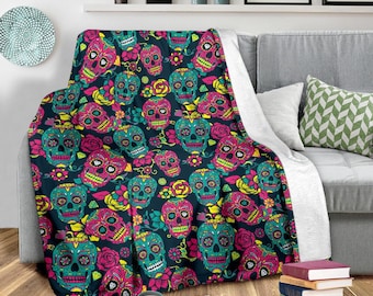 Personalized Sugar Skull Fleece Blanket, Vibrant Floral Design