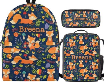 Personalized Fox Backpack: Lunch Bag & Pencil Case Set