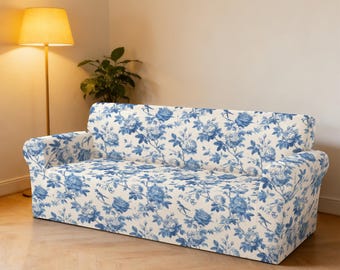 Blue Floral Sofa Slipcover - Toile de Jouy Inspired Couch Cover, Vintage Rose & Bird Pattern Furniture Protector