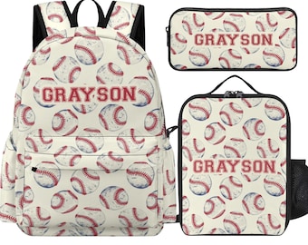Personalized Baseball Backpack – Custom Name Baseball Kids School Bag, Lunch Bag and Pencil Case
