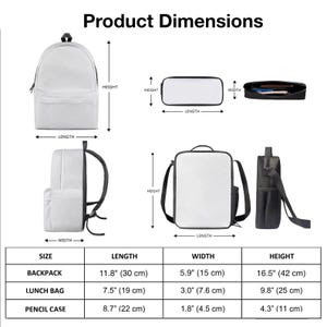 The image is a product dimensions chart that provides the measurements of a backpack, lunch bag, pencil case, and other items.