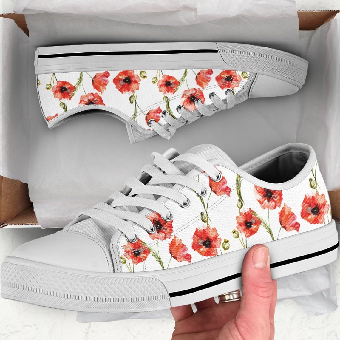 Poppy Red Floral Pattern Print Black Sneaker Shoes For Men Women main image 1